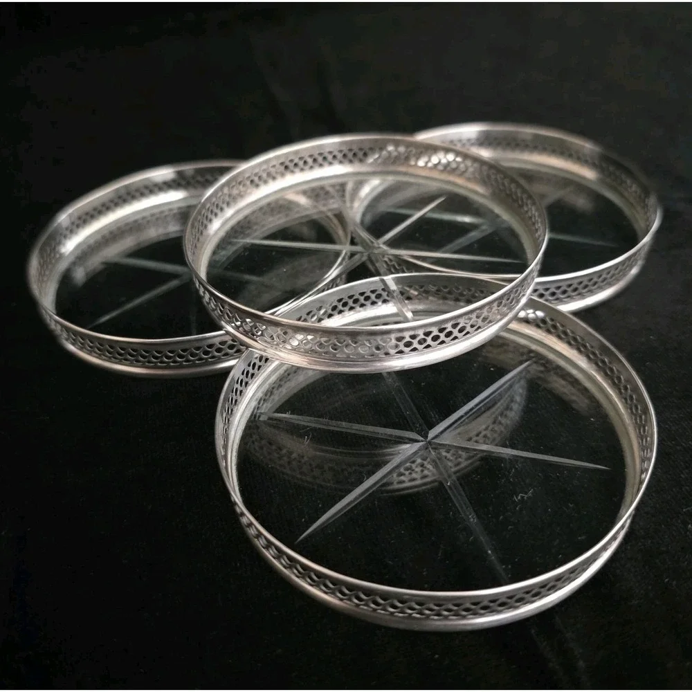 Set Of 4 Webster Sterling Silver Reticulated Cut Glass Starburst Coasters 3